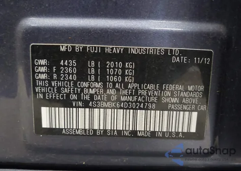 2013 Subaru Legacy 2.5I Limited z USA, uszkodzony, nr VIN 4S3BMBK64D3024798